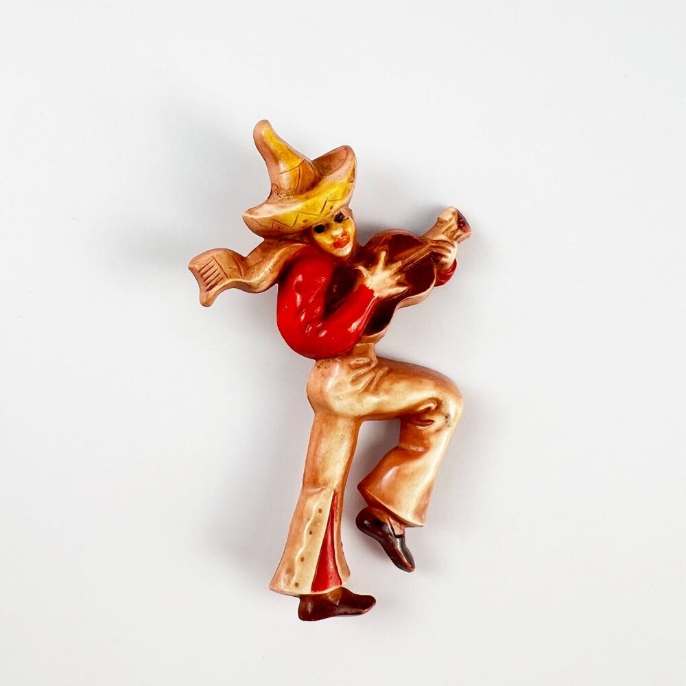 Vintage Plastic Celluloid Mexican Mariachi Man Sombrero Guitar Figural Pin